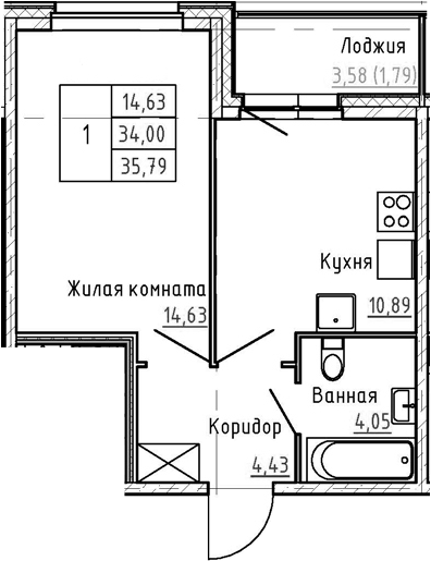 1-комнатная 37 м<sup>2</sup> на 2 этаже 1-комнатная 37 м<sup>2</sup> на 2 этаже