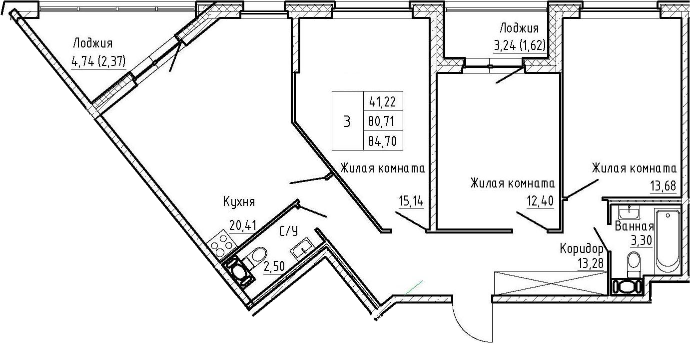 4-комнатная 88 м<sup>2</sup> на 3 этаже 4-комнатная 88 м<sup>2</sup> на 3 этаже