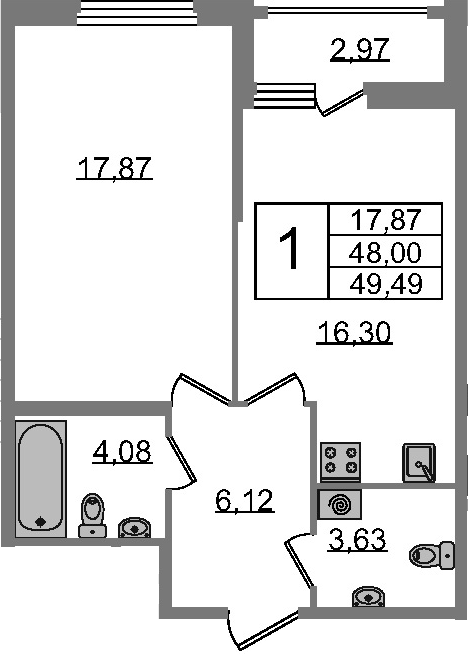 1-комнатная 50 м<sup>2</sup> на 2 этаже 1-комнатная 50 м<sup>2</sup> на 2 этаже