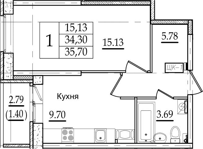 1-комнатная 37 м<sup>2</sup> на 2 этаже 1-комнатная 37 м<sup>2</sup> на 2 этаже