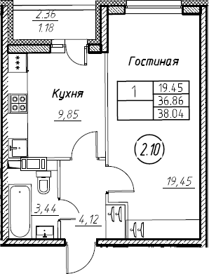 1-комнатная 39 м<sup>2</sup> на 6 этаже 1-комнатная 39 м<sup>2</sup> на 6 этаже