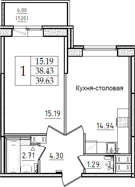 1-комнатная 42 м<sup>2</sup> на 2 этаже 1-комнатная 42 м<sup>2</sup> на 2 этаже