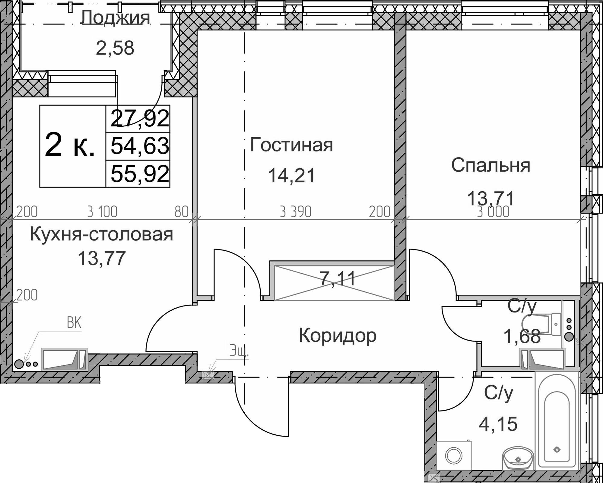2-комнатная 57 м<sup>2</sup> на 3 этаже 2-комнатная 57 м<sup>2</sup> на 3 этаже