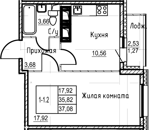 1-комнатная 38 м<sup>2</sup> на 20 этаже 1-комнатная 38 м<sup>2</sup> на 20 этаже