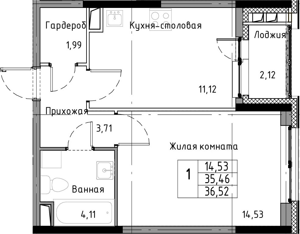 1-комнатная 37 м<sup>2</sup> на 2 этаже 1-комнатная 37 м<sup>2</sup> на 2 этаже