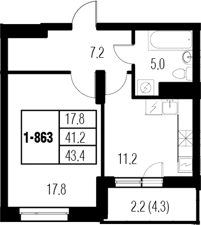 1-комнатная 45 м<sup>2</sup> на 8 этаже 1-комнатная 45 м<sup>2</sup> на 8 этаже