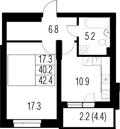 1-комнатная 44 м<sup>2</sup> на 1 этаже 1-комнатная 44 м<sup>2</sup> на 1 этаже
