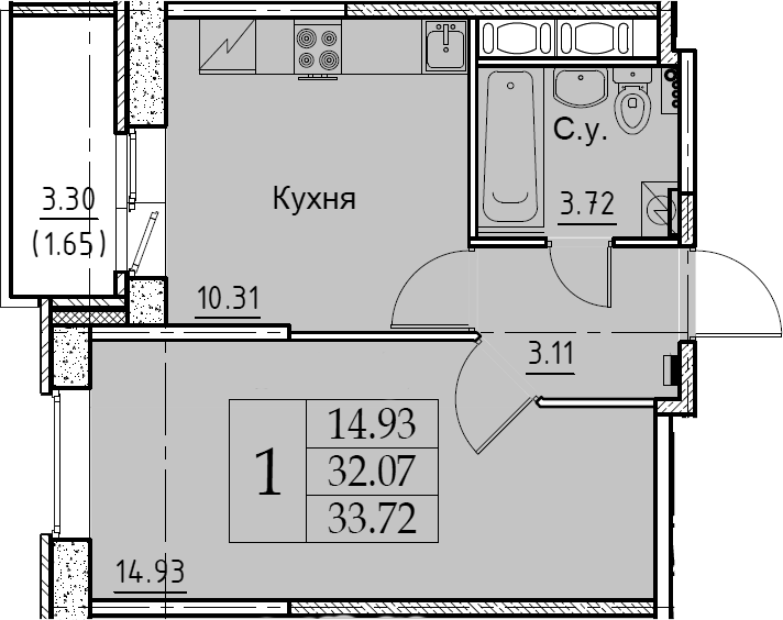 1-комнатная 35 м<sup>2</sup> на 10 этаже 1-комнатная 35 м<sup>2</sup> на 10 этаже
