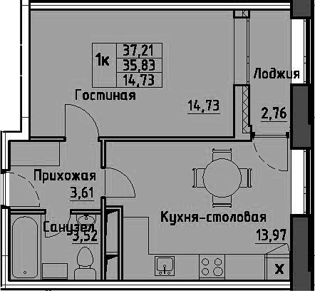 1-комнатная 38 м<sup>2</sup> на 13 этаже 1-комнатная 38 м<sup>2</sup> на 13 этаже