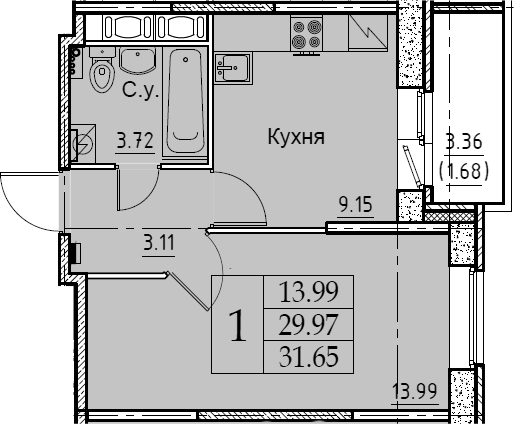 1-комнатная 33 м<sup>2</sup> на 11 этаже 1-комнатная 33 м<sup>2</sup> на 11 этаже