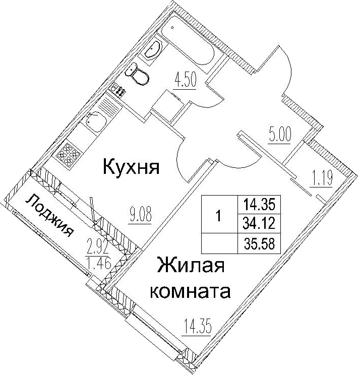 1-комнатная 37 м<sup>2</sup> на 2 этаже 1-комнатная 37 м<sup>2</sup> на 2 этаже