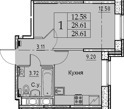1-комнатная 28 м<sup>2</sup> на 2 этаже 1-комнатная 28 м<sup>2</sup> на 2 этаже