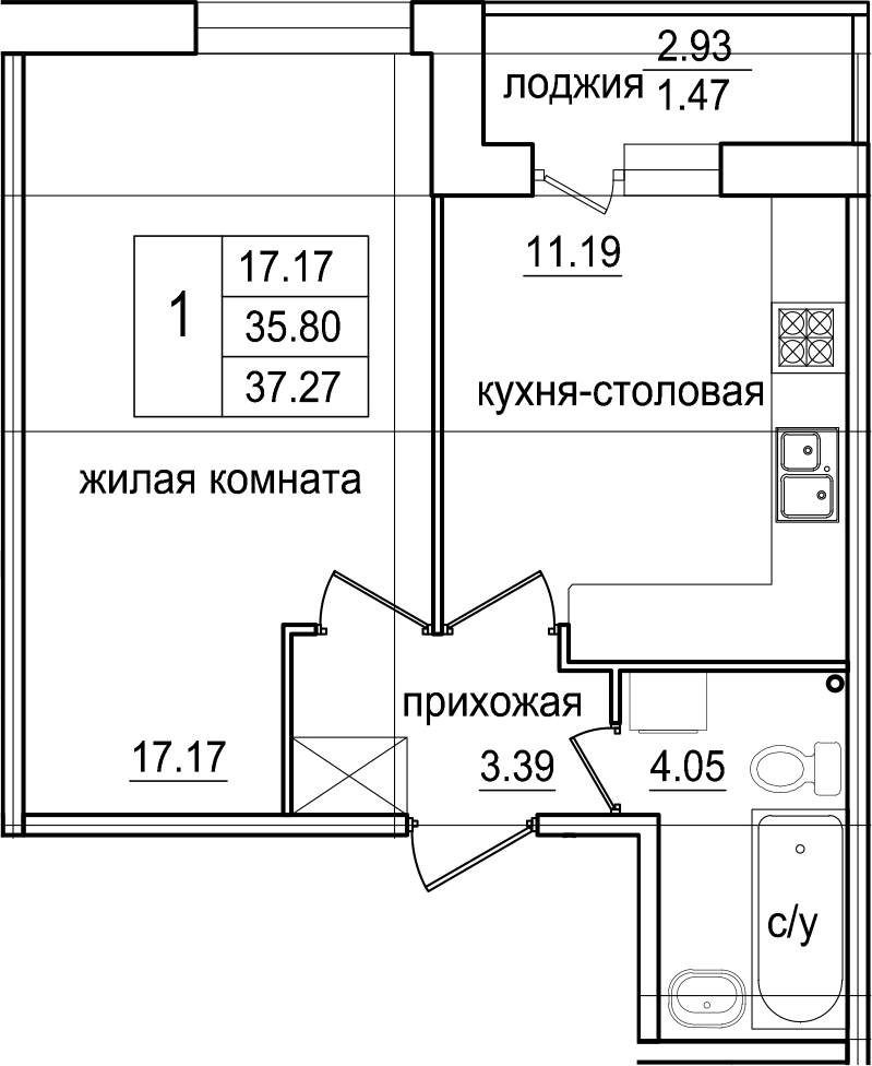 1-комнатная 38 м<sup>2</sup> на 1 этаже 1-комнатная 38 м<sup>2</sup> на 1 этаже
