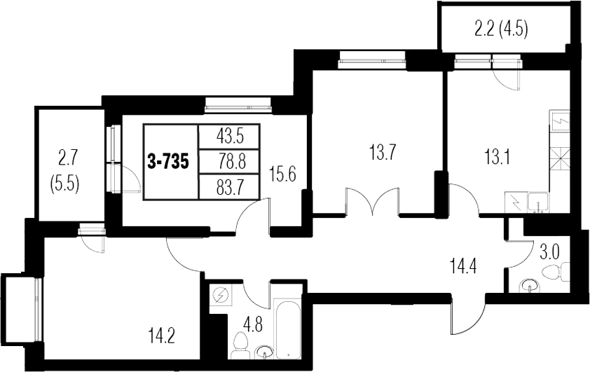 3-комнатная 88 м<sup>2</sup> на 3 этаже 3-комнатная 88 м<sup>2</sup> на 3 этаже