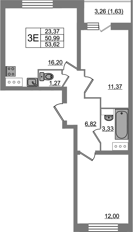 3-комнатная 54 м<sup>2</sup> на 3 этаже 3-комнатная 54 м<sup>2</sup> на 3 этаже
