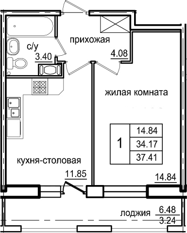1-комнатная 40 м<sup>2</sup> на 5 этаже 1-комнатная 40 м<sup>2</sup> на 5 этаже