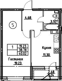 1-комнатная 41 м<sup>2</sup> на 3 этаже 1-комнатная 41 м<sup>2</sup> на 3 этаже