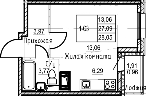 Студия 29 м<sup>2</sup> на 3 этаже Студия 29 м<sup>2</sup> на 3 этаже