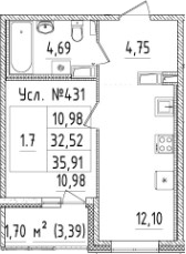 1-комнатная 35 м<sup>2</sup> на 8 этаже 1-комнатная 35 м<sup>2</sup> на 8 этаже