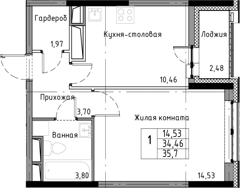 1-комнатная 36 м<sup>2</sup> на 13 этаже 1-комнатная 36 м<sup>2</sup> на 13 этаже