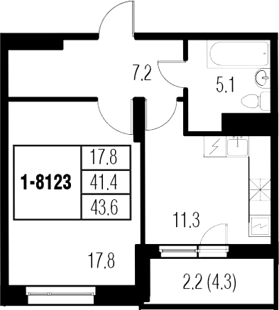 1-комнатная 45 м<sup>2</sup> на 15 этаже 1-комнатная 45 м<sup>2</sup> на 15 этаже