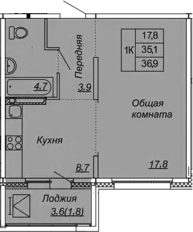 1-комнатная 38 м<sup>2</sup> на 9 этаже 1-комнатная 38 м<sup>2</sup> на 9 этаже