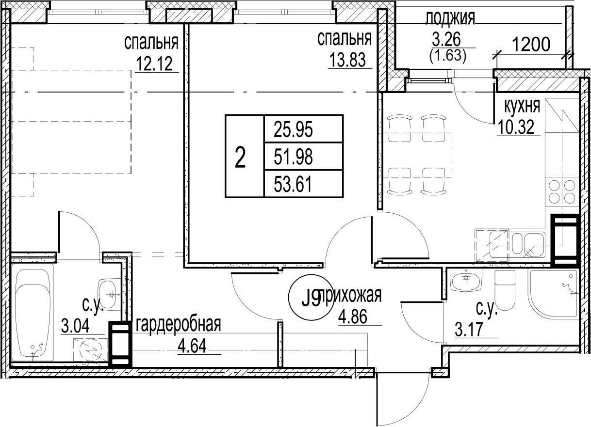 2-комнатная 55 м<sup>2</sup> на 3 этаже 2-комнатная 55 м<sup>2</sup> на 3 этаже