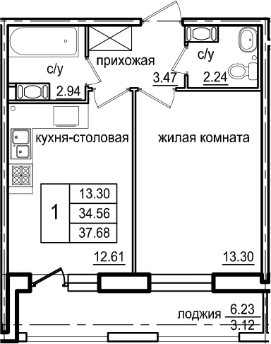 1-комнатная 40 м<sup>2</sup> на 6 этаже 1-комнатная 40 м<sup>2</sup> на 6 этаже
