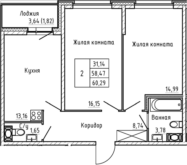 2-комнатная 62 м<sup>2</sup> на 3 этаже 2-комнатная 62 м<sup>2</sup> на 3 этаже