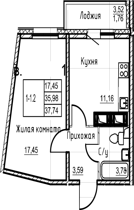 1-комнатная 39 м<sup>2</sup> на 20 этаже 1-комнатная 39 м<sup>2</sup> на 20 этаже