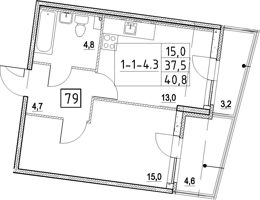 1-комнатная 44 м<sup>2</sup> на 2 этаже 1-комнатная 44 м<sup>2</sup> на 2 этаже