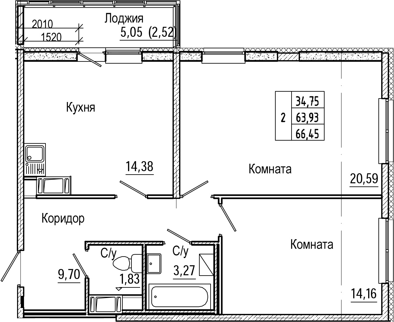 2-комнатная 68 м<sup>2</sup> на 4 этаже 2-комнатная 68 м<sup>2</sup> на 4 этаже