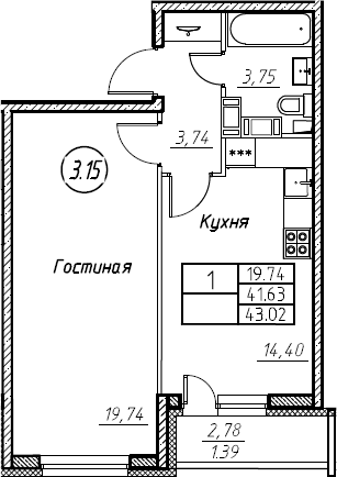 1-комнатная 44 м<sup>2</sup> на 17 этаже 1-комнатная 44 м<sup>2</sup> на 17 этаже