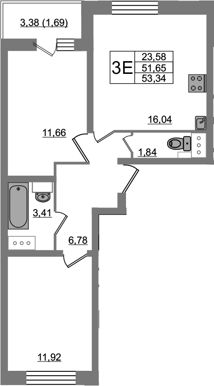 3-комнатная 55 м<sup>2</sup> на 13 этаже 3-комнатная 55 м<sup>2</sup> на 13 этаже