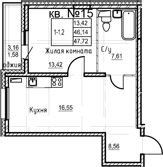 2-комнатная 49 м<sup>2</sup> на 2 этаже 2-комнатная 49 м<sup>2</sup> на 2 этаже
