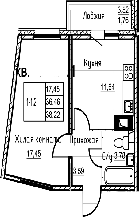 1-комнатная 39 м<sup>2</sup> на 18 этаже 1-комнатная 39 м<sup>2</sup> на 18 этаже