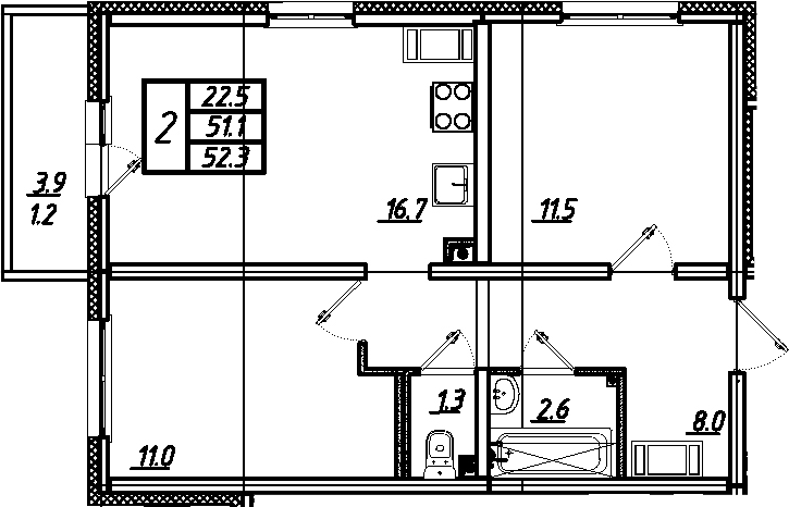 3-комнатная 55 м<sup>2</sup> на 7 этаже 3-комнатная 55 м<sup>2</sup> на 7 этаже