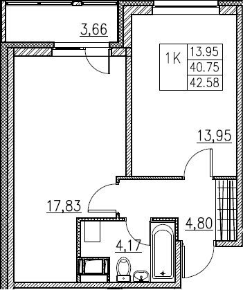 2-комнатная 44 м<sup>2</sup> на 4 этаже 2-комнатная 44 м<sup>2</sup> на 4 этаже