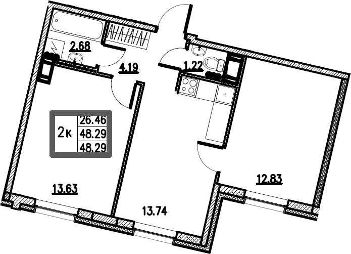 2-комнатная 48 м<sup>2</sup> на 3 этаже 2-комнатная 48 м<sup>2</sup> на 3 этаже