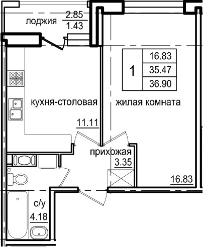 1-комнатная 38 м<sup>2</sup> на 2 этаже 1-комнатная 38 м<sup>2</sup> на 2 этаже