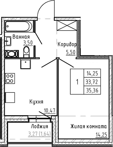 1-комнатная 37 м<sup>2</sup> на 4 этаже 1-комнатная 37 м<sup>2</sup> на 4 этаже