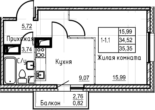 1-комнатная 37 м<sup>2</sup> на 17 этаже 1-комнатная 37 м<sup>2</sup> на 17 этаже