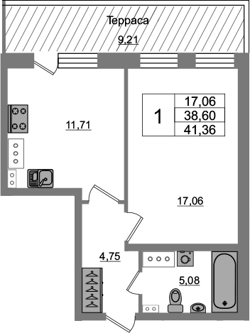 1-комнатная 47 м<sup>2</sup> на 5 этаже 1-комнатная 47 м<sup>2</sup> на 5 этаже