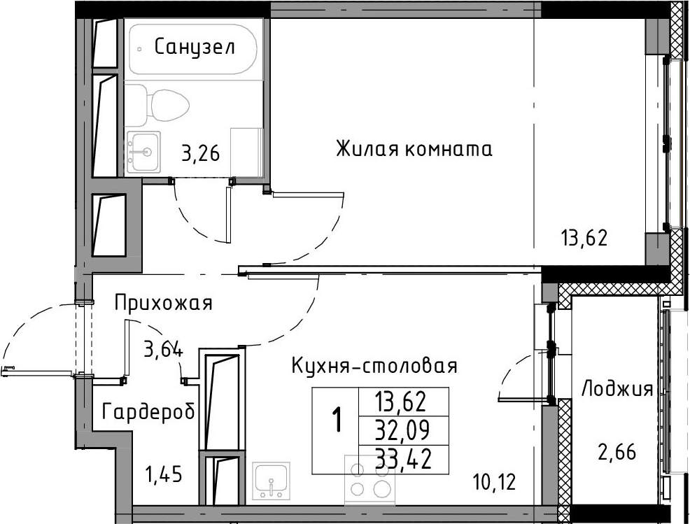 1-комнатная 34 м<sup>2</sup> на 5 этаже 1-комнатная 34 м<sup>2</sup> на 5 этаже