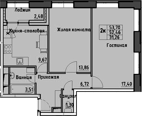 2-комнатная 54 м<sup>2</sup> на 12 этаже 2-комнатная 54 м<sup>2</sup> на 12 этаже