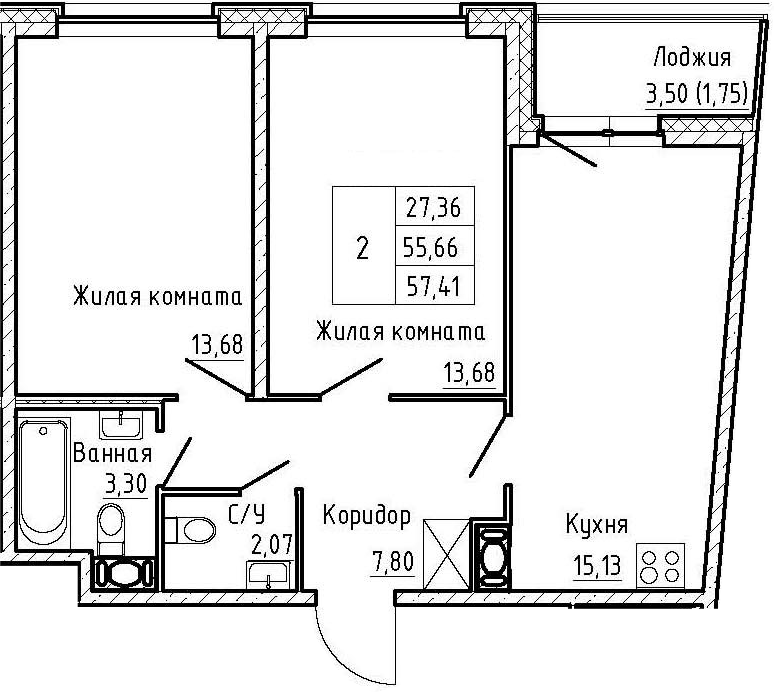 3-комнатная 59 м<sup>2</sup> на 5 этаже 3-комнатная 59 м<sup>2</sup> на 5 этаже