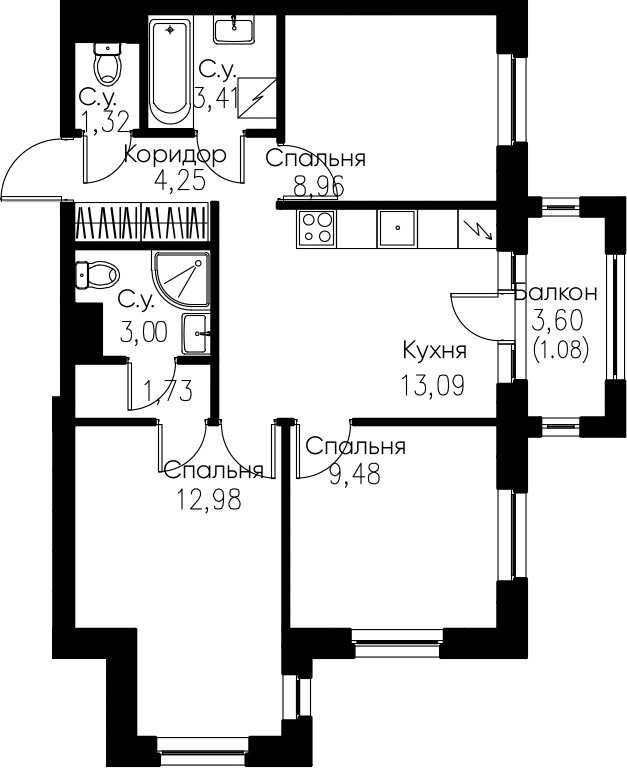 3-комнатная 61 м<sup>2</sup> на 3 этаже 3-комнатная 61 м<sup>2</sup> на 3 этаже