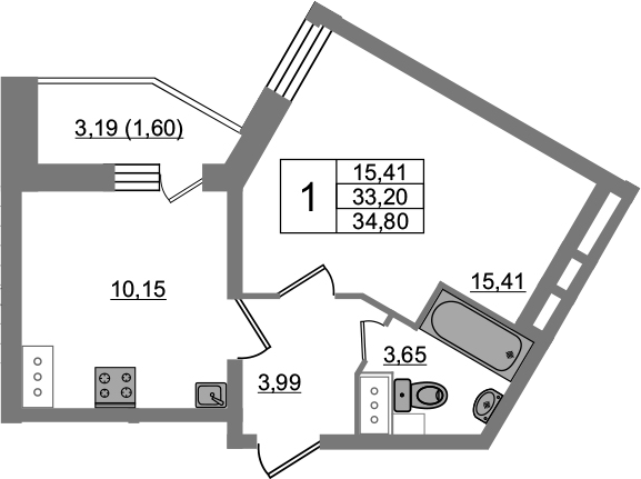 1-комнатная 36 м<sup>2</sup> на 13 этаже 1-комнатная 36 м<sup>2</sup> на 13 этаже