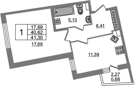 1-комнатная 42 м<sup>2</sup> на 2 этаже 1-комнатная 42 м<sup>2</sup> на 2 этаже