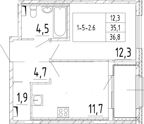 1-комнатная 38 м<sup>2</sup> на 2 этаже 1-комнатная 38 м<sup>2</sup> на 2 этаже